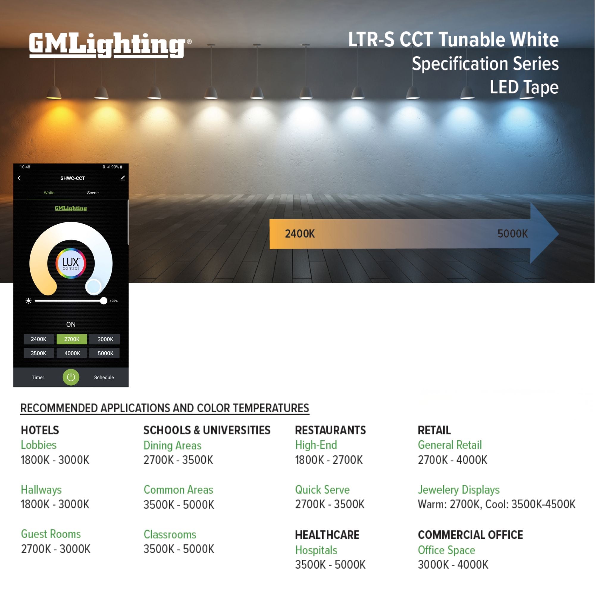 GM Lighting LTR-S SPEC 98'-6" LED Tape Light, Tunable White, 162 Lumens/ft, 24V