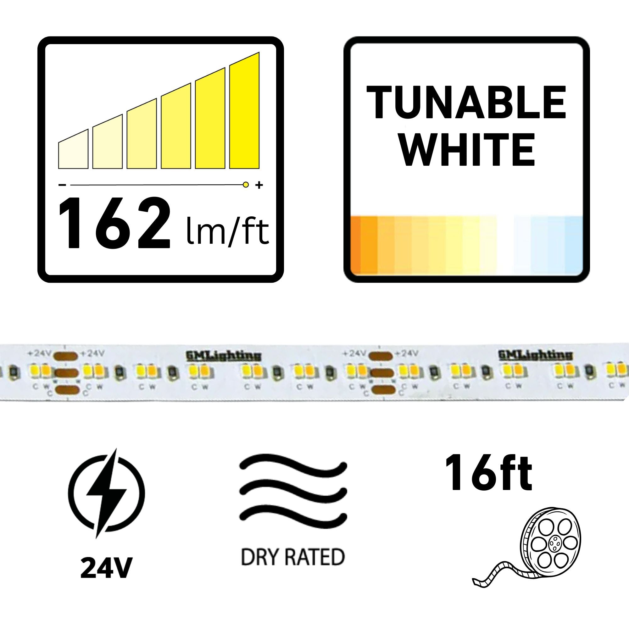 GM Lighting LTR-S SPEC 16'-4' LED Tape Light, Tunable White, 162 Lumens/ft, 24V