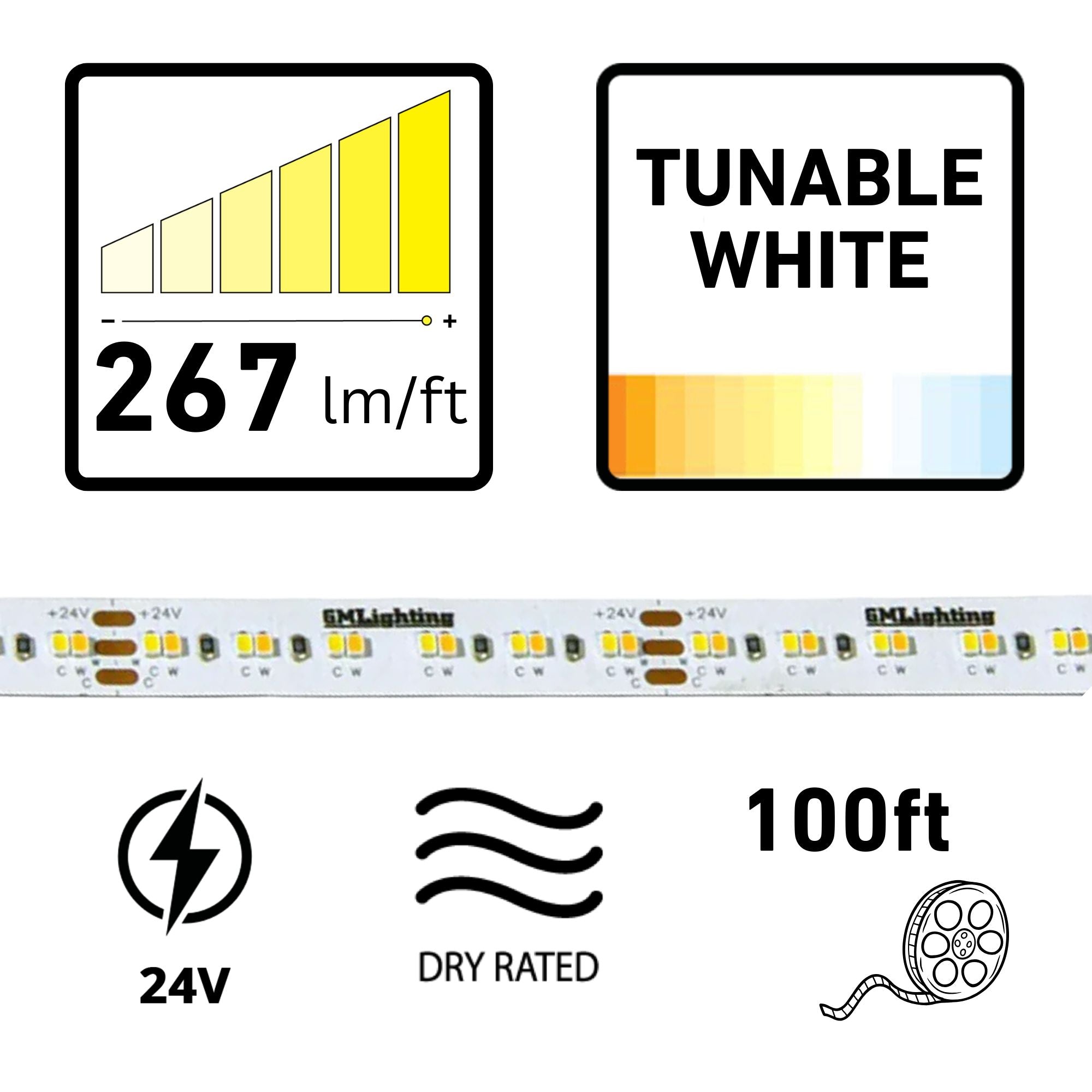 GM Lighting LTR-S SPEC 98'-6' LED Tape Light, Tunable White, 267 Lumens/ft, 24V