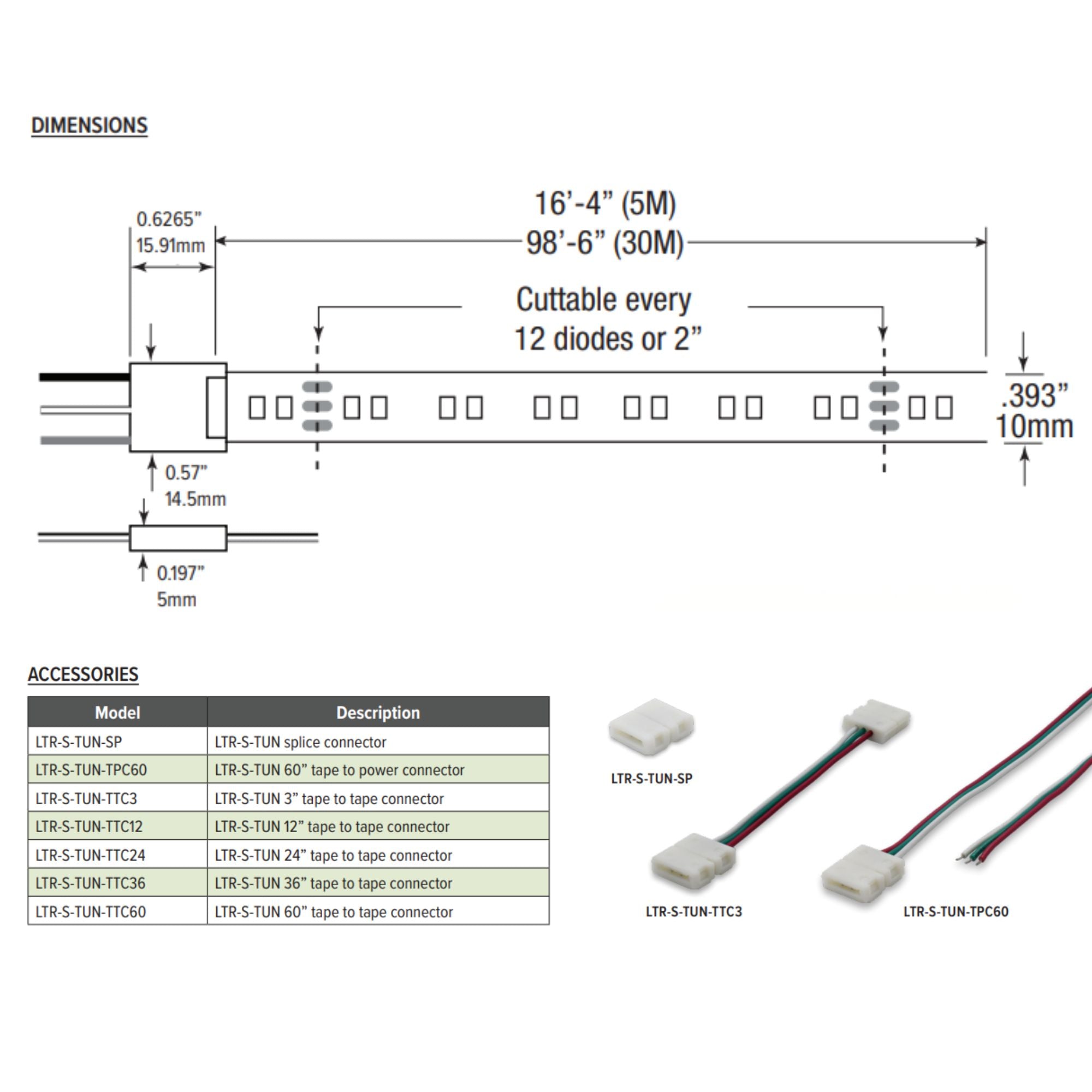 GM Lighting LTR-S SPEC 98'-6' LED Tape Light, Tunable White, 267 Lumens/ft, 24V