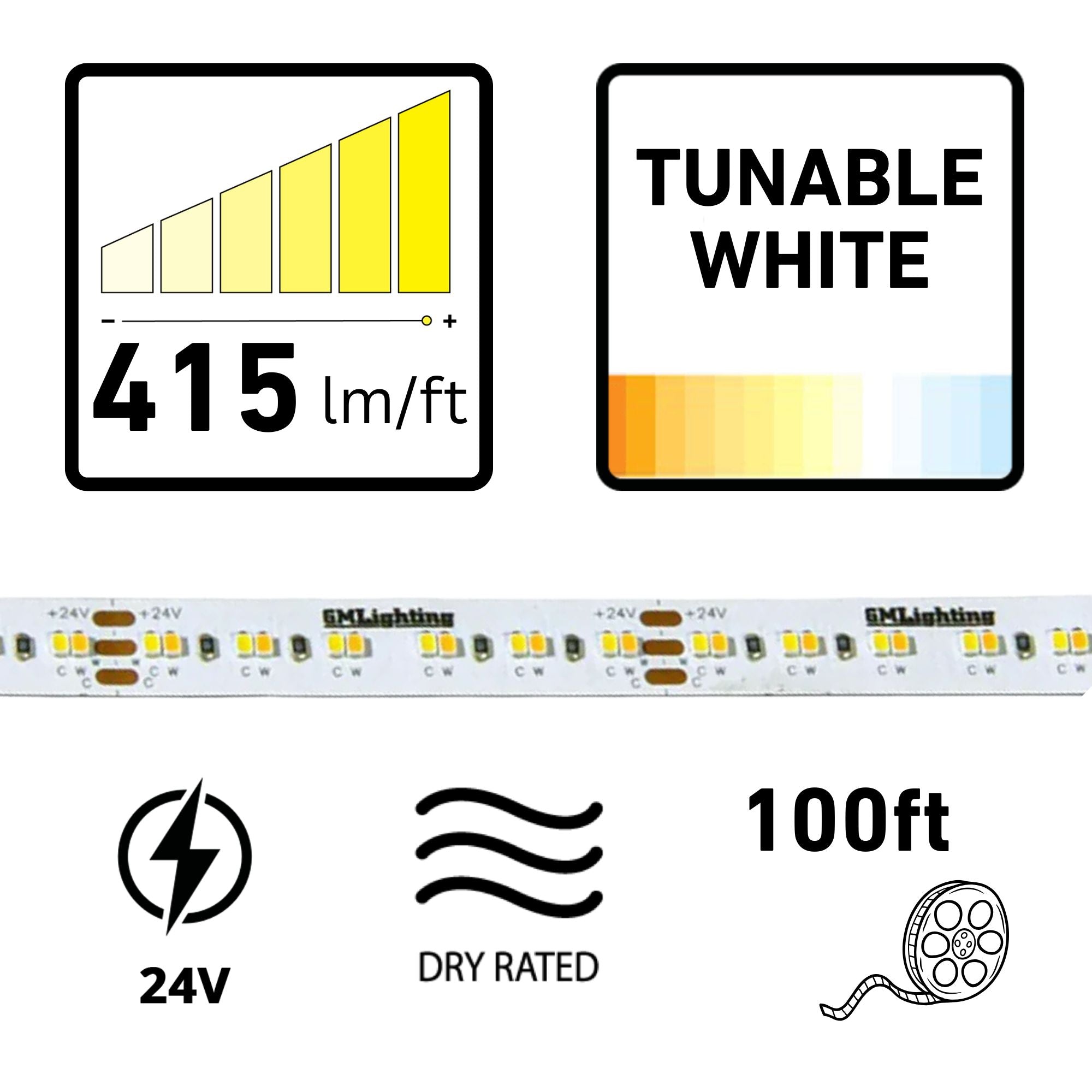 GM Lighting LTR-S SPEC 98'-6" LED Tape Light, Tunable White, 415 Lumens/ft, 24V