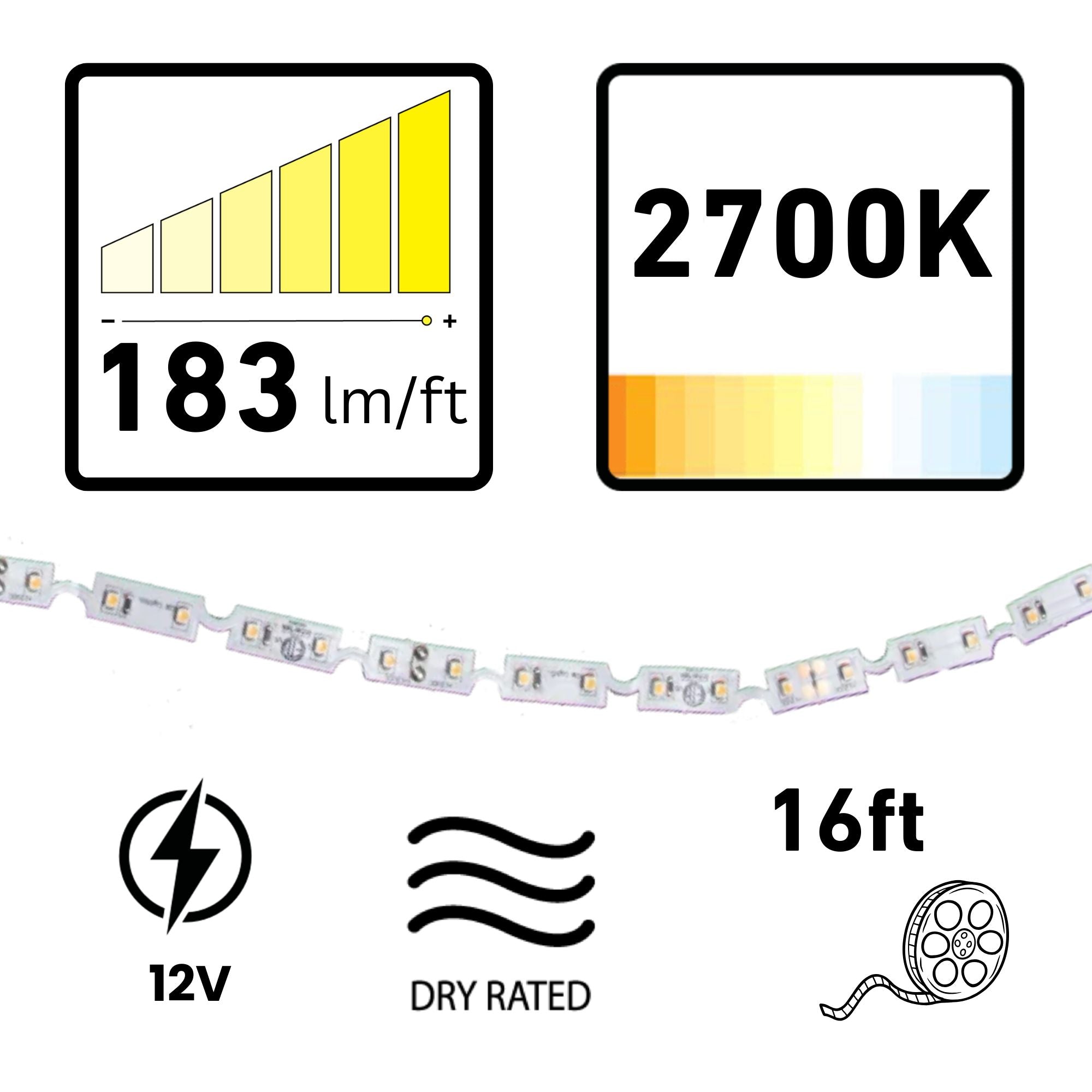 GM Lighting LTR-S SPEC, 16'-4' LED Tape Light, 2700K, 183 Lumens/ft, 12V