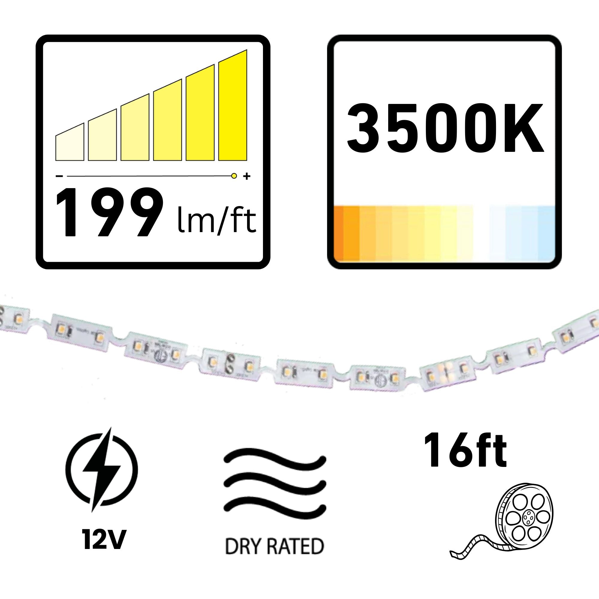 GM Lighting LTR-S SPEC, 16'-4' LED Tape Light, 3500K, 199 Lumens/ft, 12V