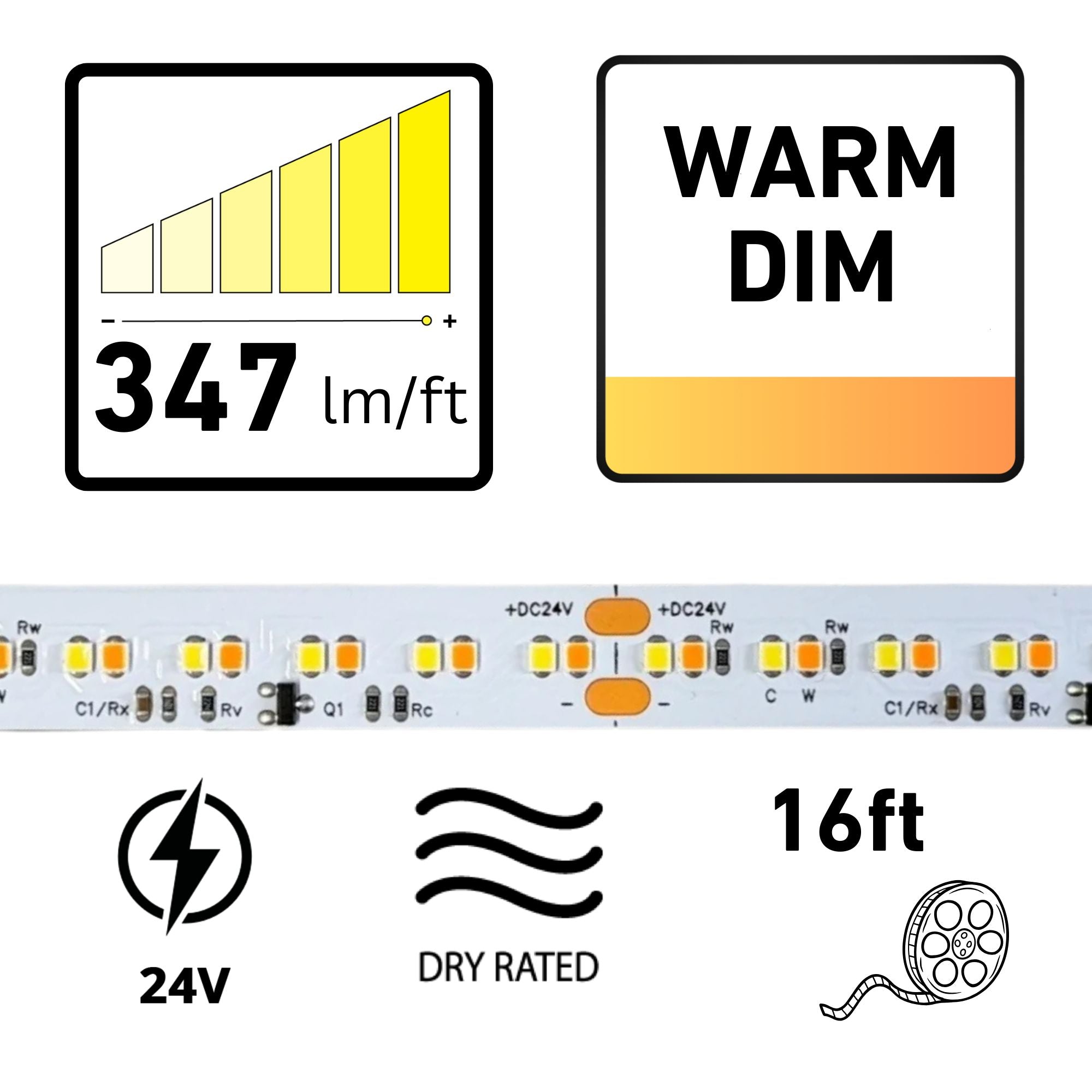 GM Lighting LTR-S SPEC 16' LED Tape Light, Warm Dim, 347 Lumens/ft, 24V