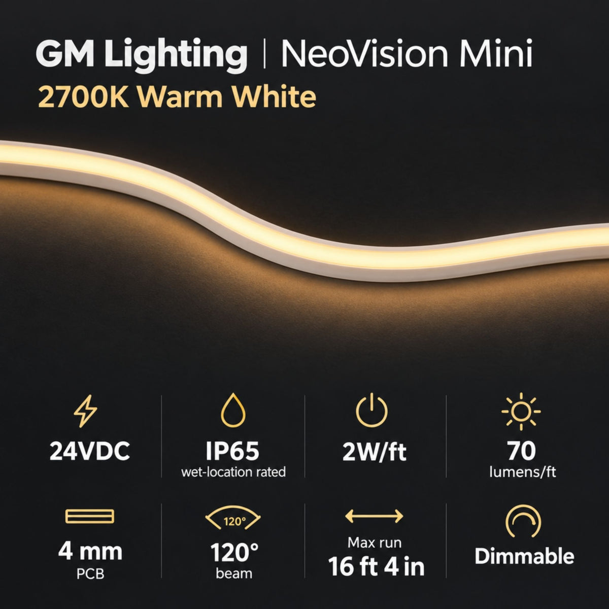 Warm white neon tape light strip, slim LED ribbon with even linear glow