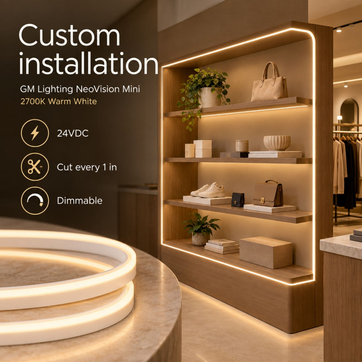 Warm white LED tape light outlining built-in shelving and display edges