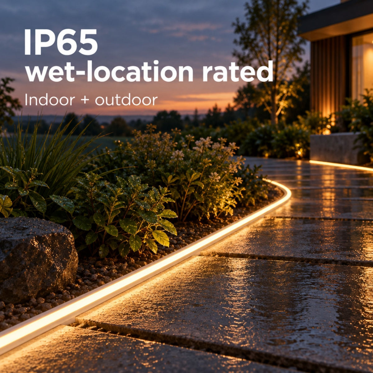 Warm white neon tape light strip outlining an outdoor walkway with warm glow