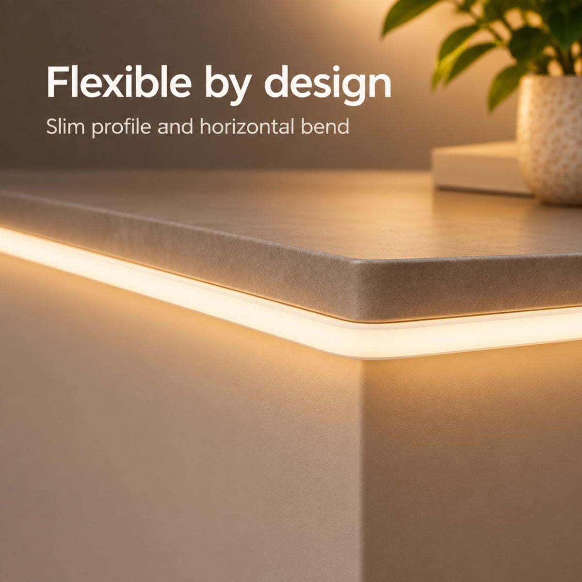 Warm white neon tape light strip with corner bend, slim low-profile housing