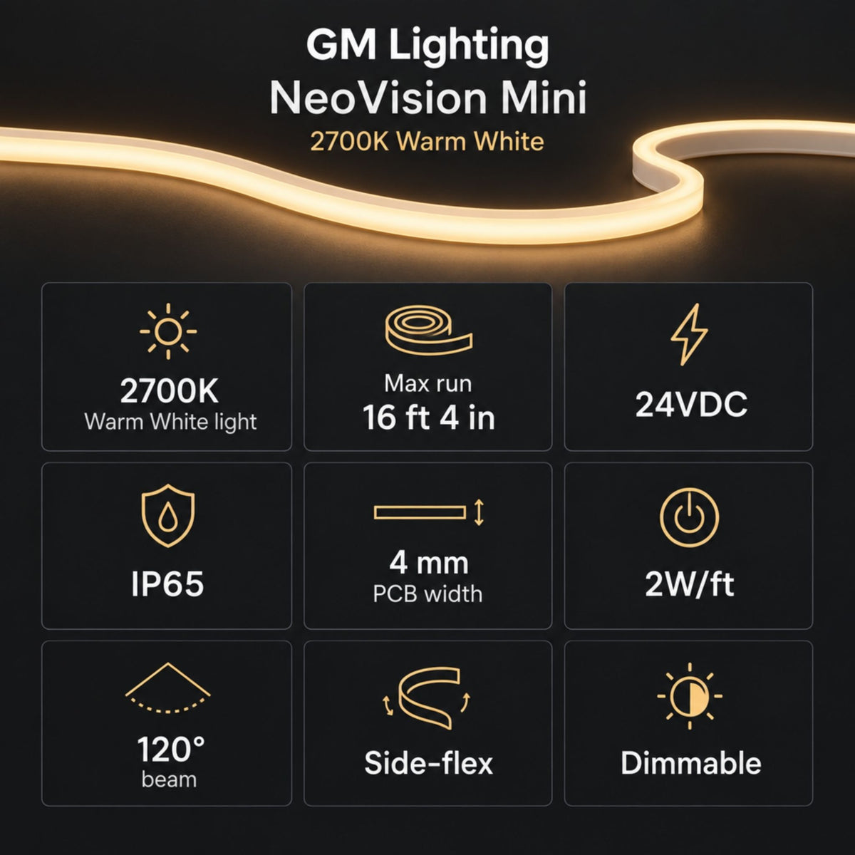 Warm white neon tape light strip with smooth S-curve, bright warm glow