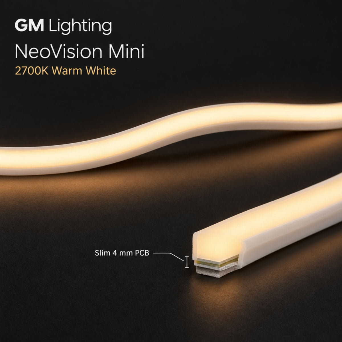 Warm white neon tape light, slim low-profile side view with glowing edge