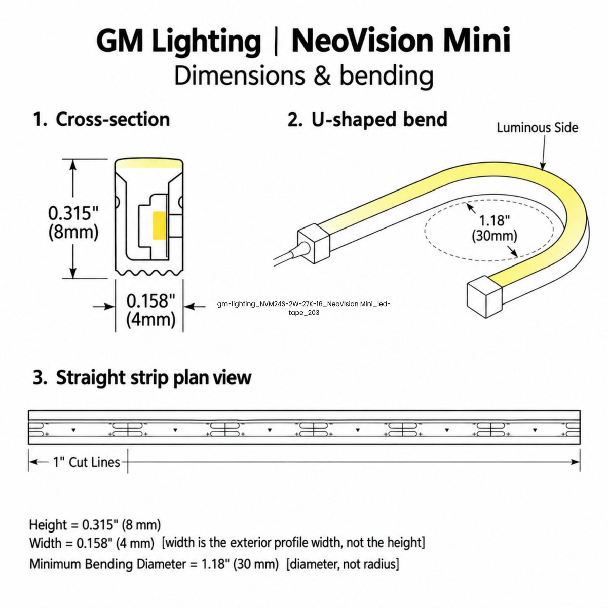 Neon tape light dimension diagram with cross-section and bend sizing