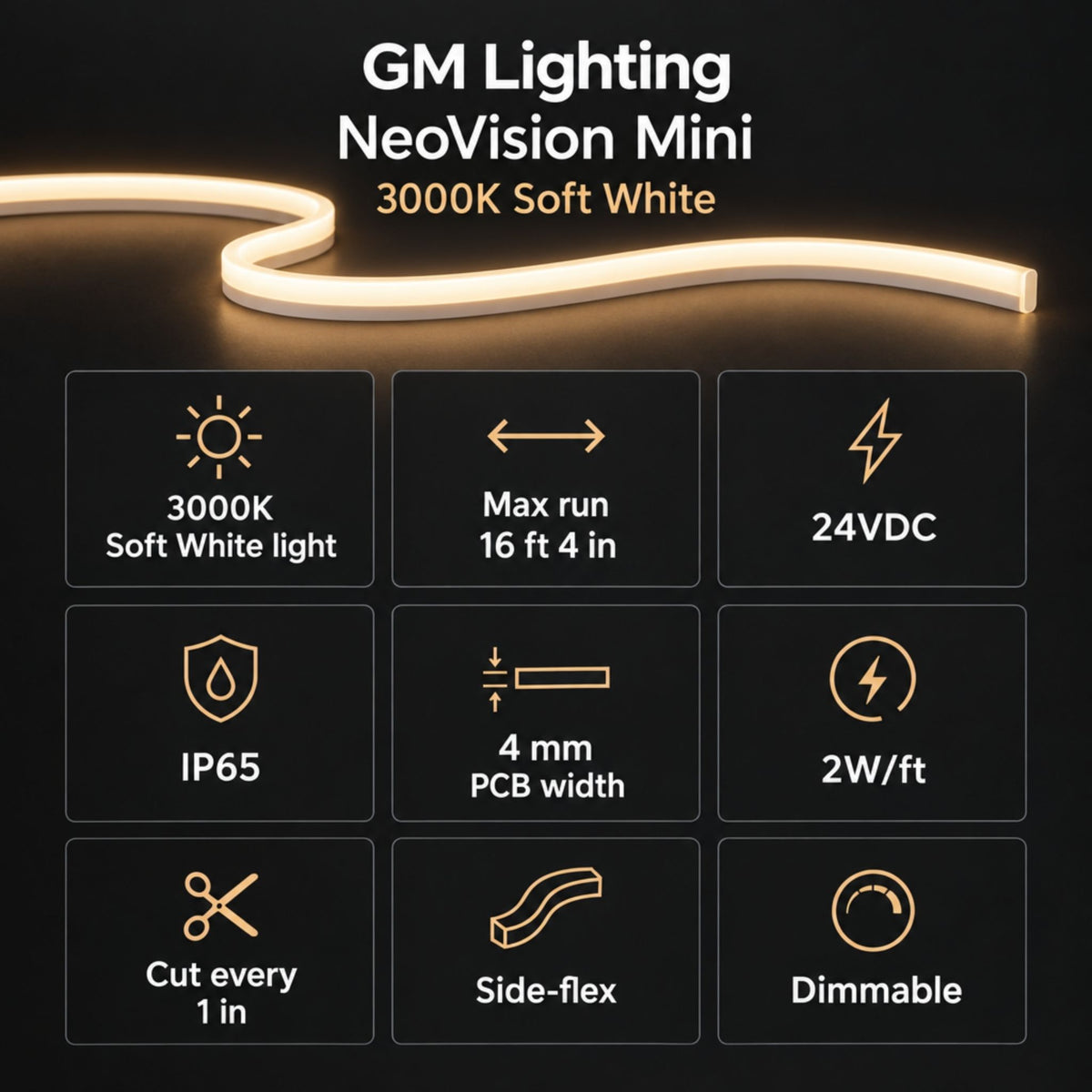Soft white neon tape light strip with straight run and continuous warm glow