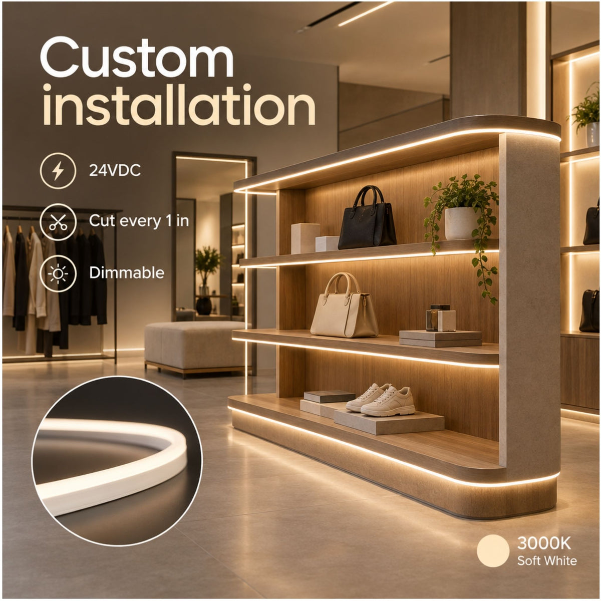 Neon tape light strip installed under shelves, soft white continuous edge glow