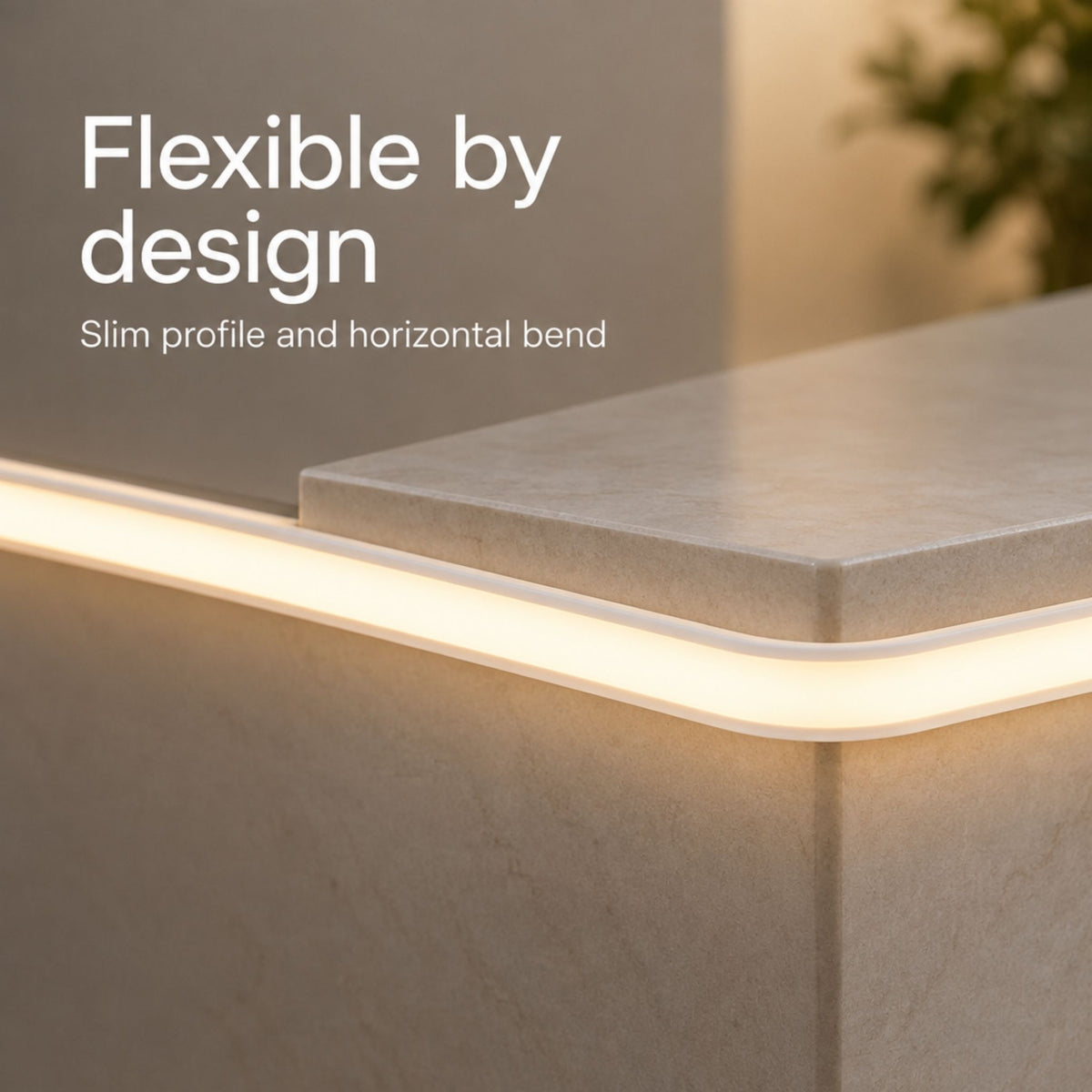 Flexible neon tape light strip corner bend on a ledge, slim soft white glow