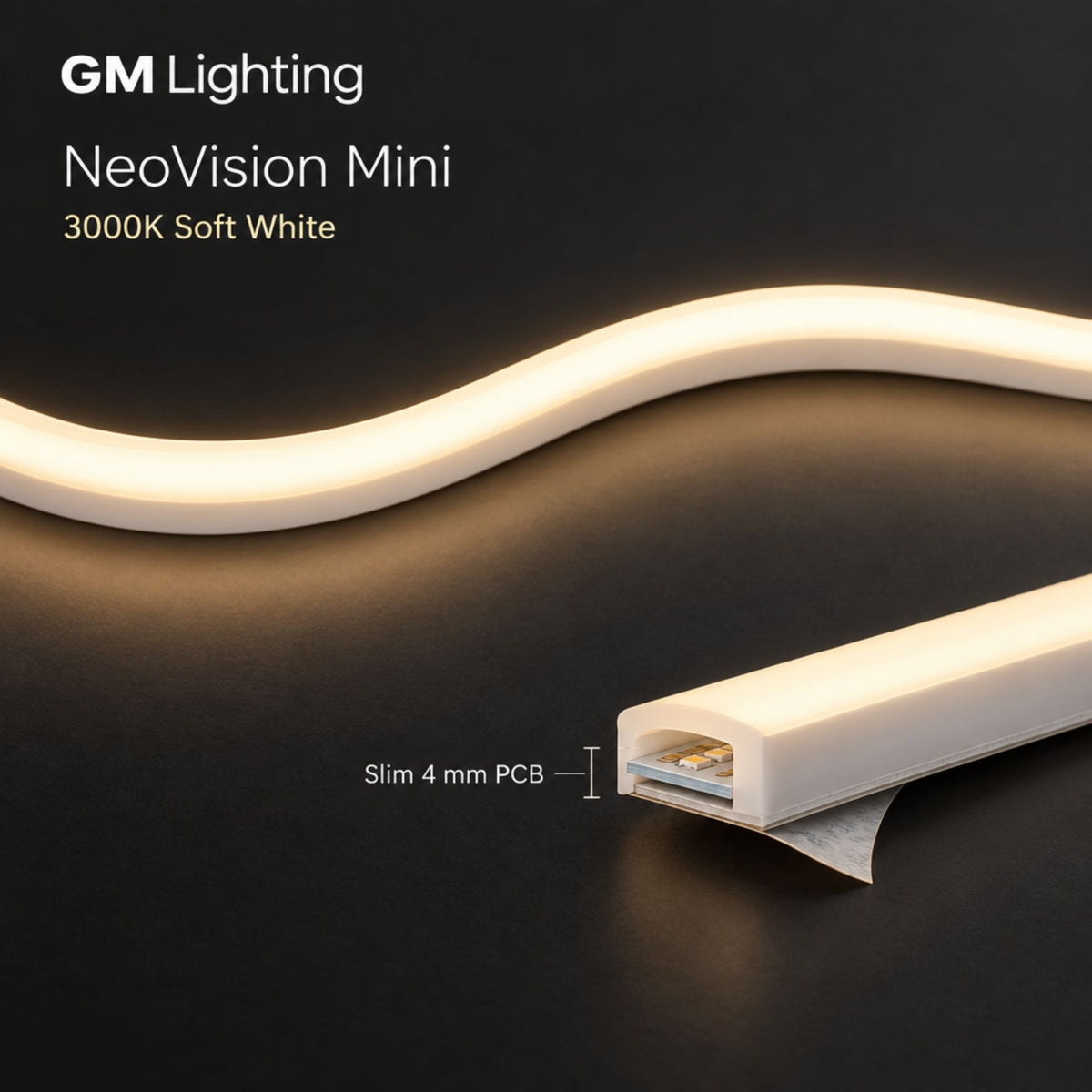 Soft white neon tape light cross-section with slim channel and PCB insert