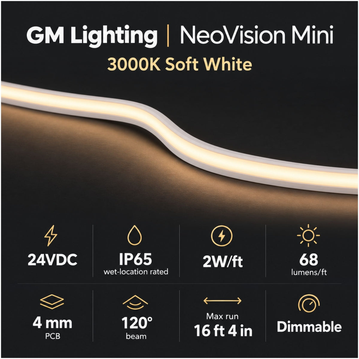Soft white LED neon tape light strip with flexible curve, IP65-rated design