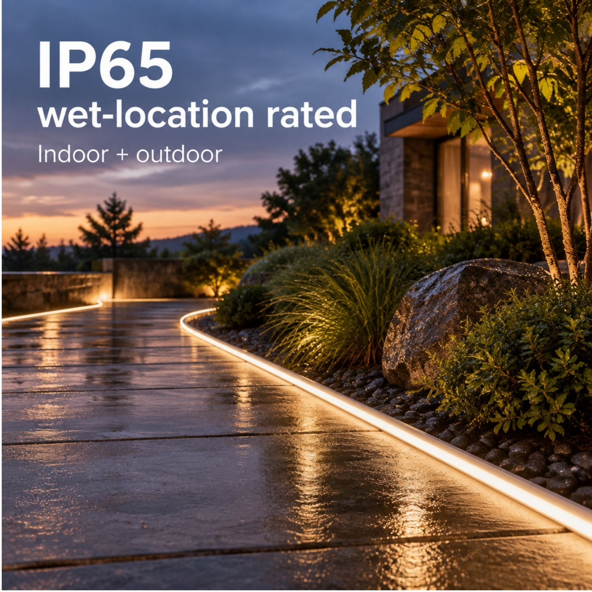 Outdoor waterproof neon tape light strip along walkway edge with soft white glow