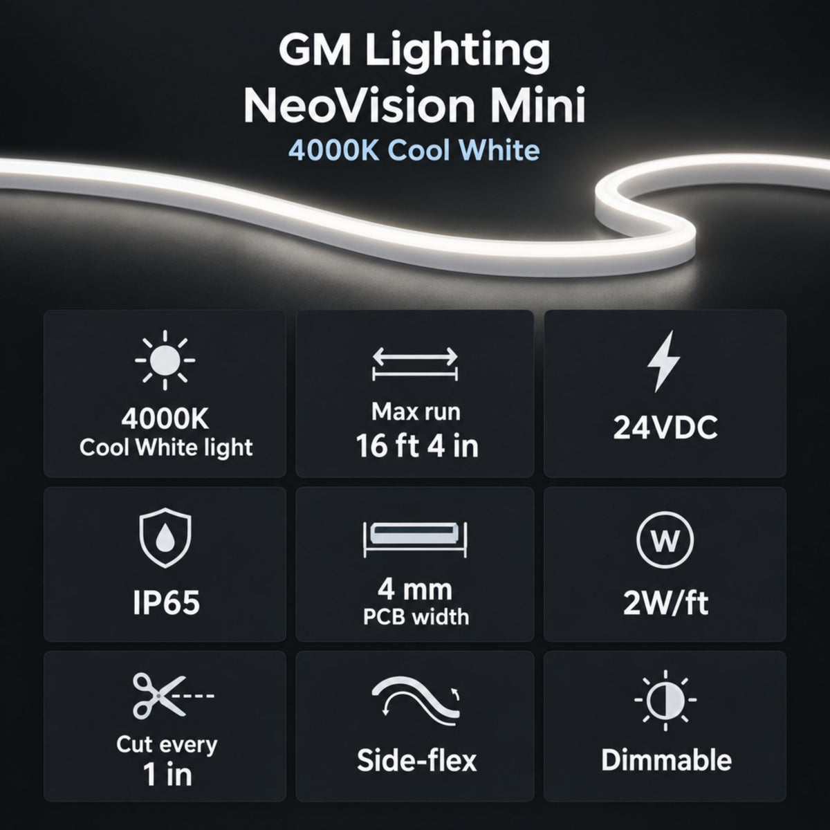 Cool white LED tape light strip with flexible design, cut every 1 in