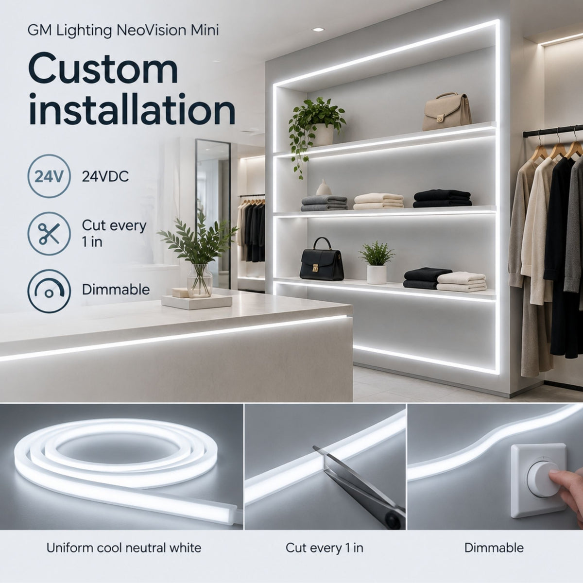 Installed cool white LED tape light strips for shelving accents, dimmable