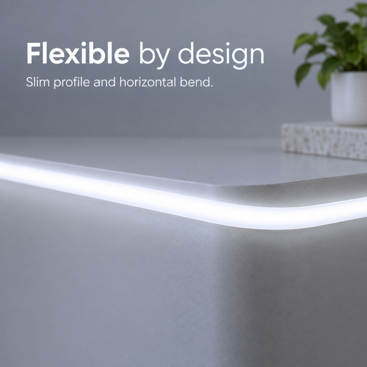 Flexible cool white LED tape light with slim profile and smooth horizontal bend