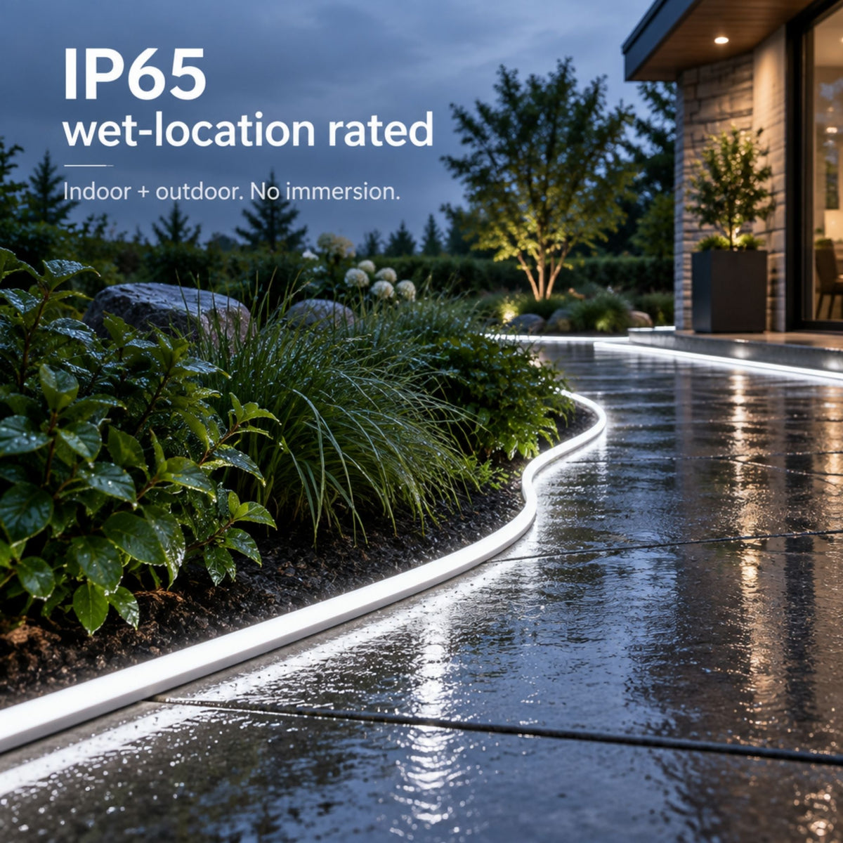 IP65-rated cool white LED tape light strip, wet-location outdoor-ready curved run