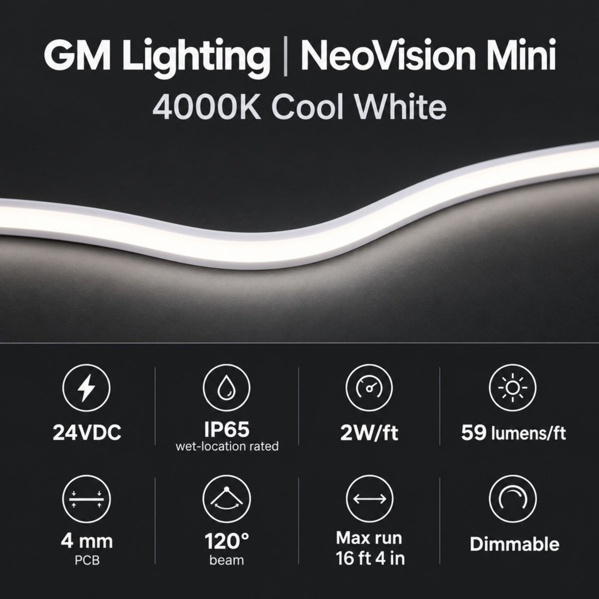 Cool white LED tape light strip with 24VDC power and 59 lumens per ft, dimmable