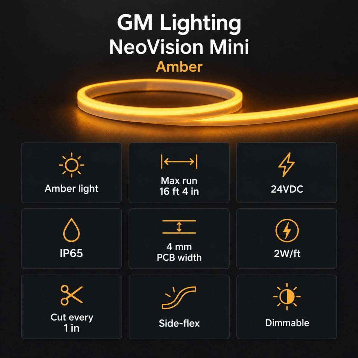 Amber LED tape light in a curved coil, slim housing with warm glowing edge