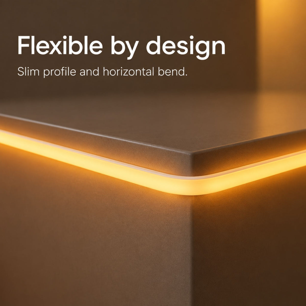 Amber LED tape light corner with horizontal bend and slim edge profile
