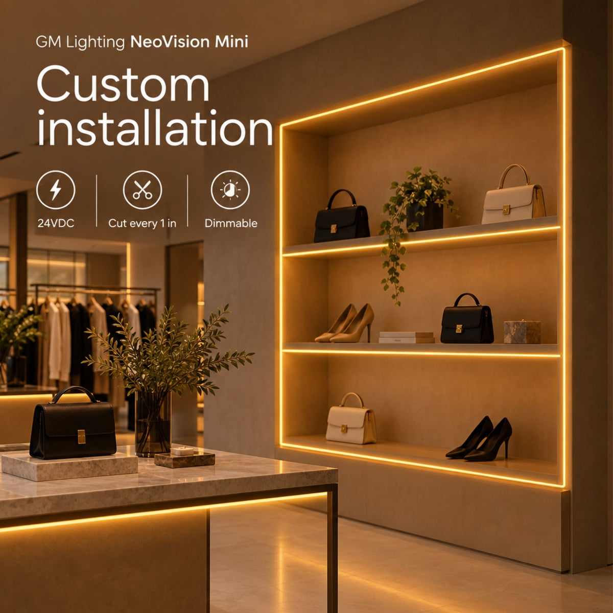 Amber LED tape light outlining a custom frame, warm illuminated border