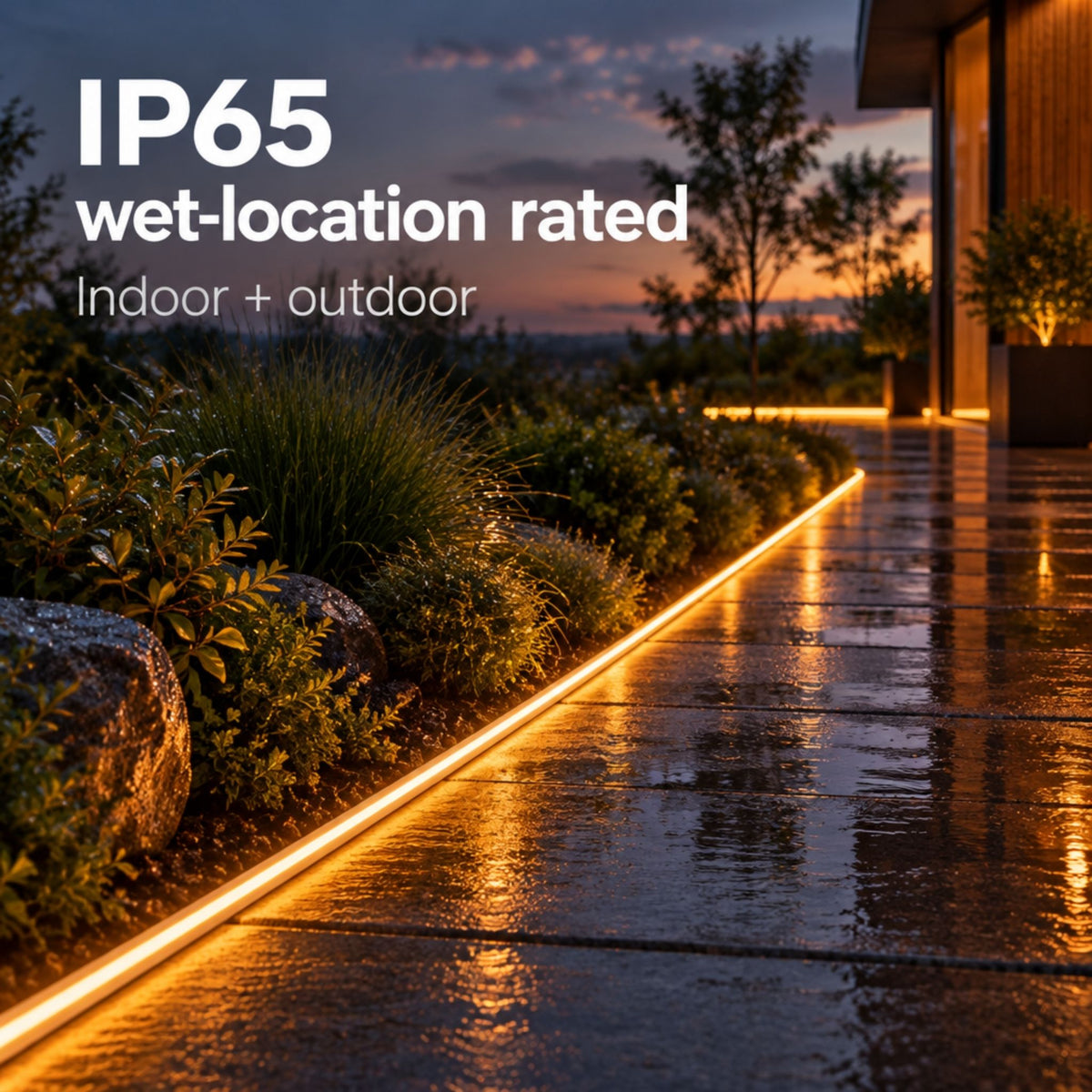 Amber LED tape light outlining an outdoor wet walkway, continuous linear glow