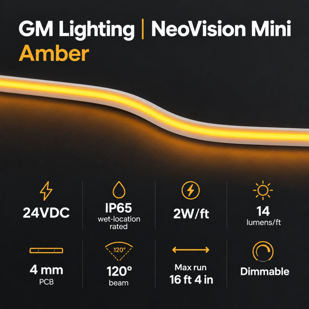Amber LED tape light close-up with smooth wave profile and warm glowing edge