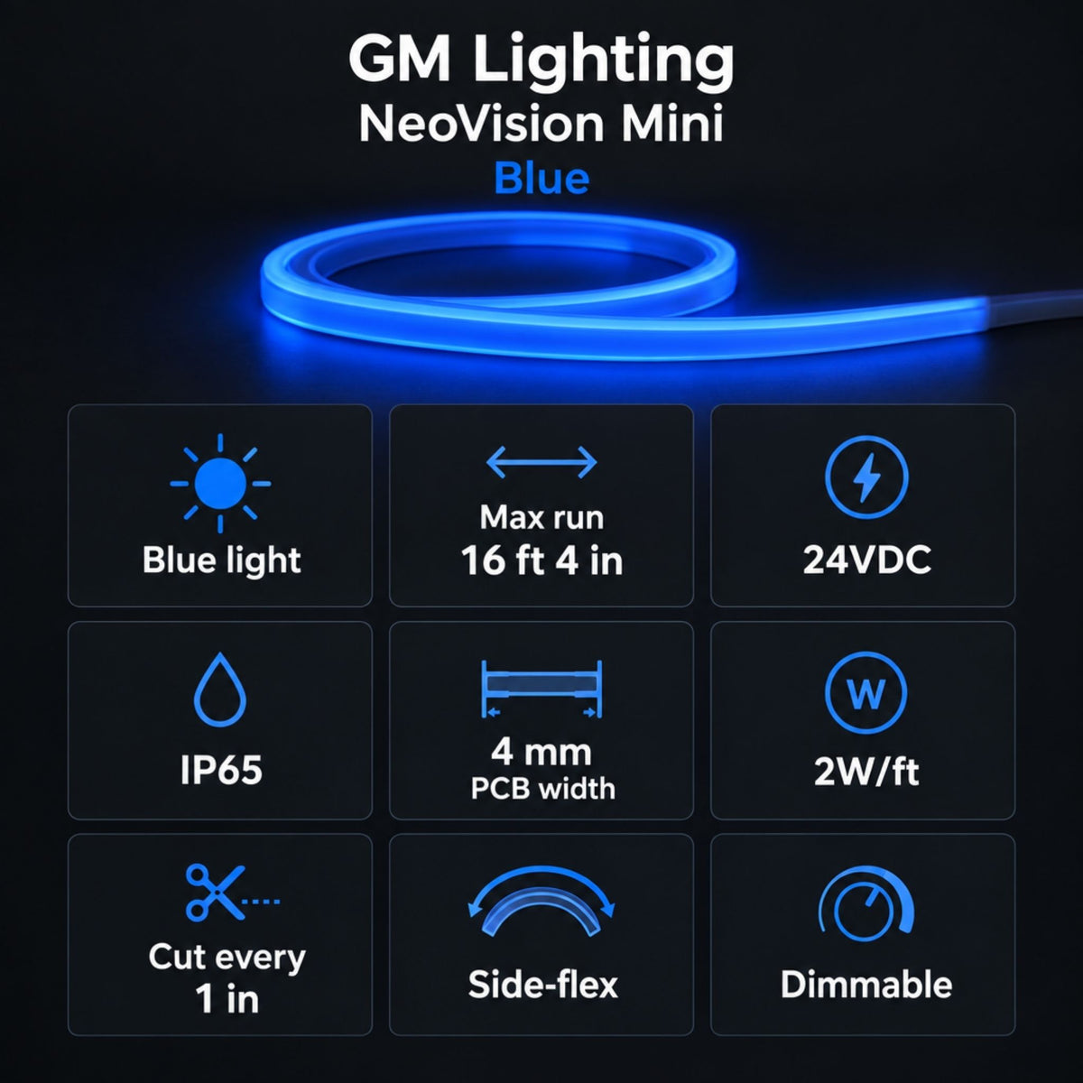 Blue neon tape light reel with glowing strip; slim profile light indicators