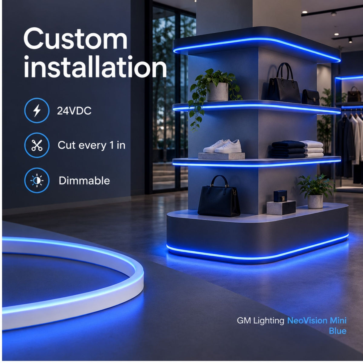 Blue neon tape light outlining a display shelf, continuous glowing strip