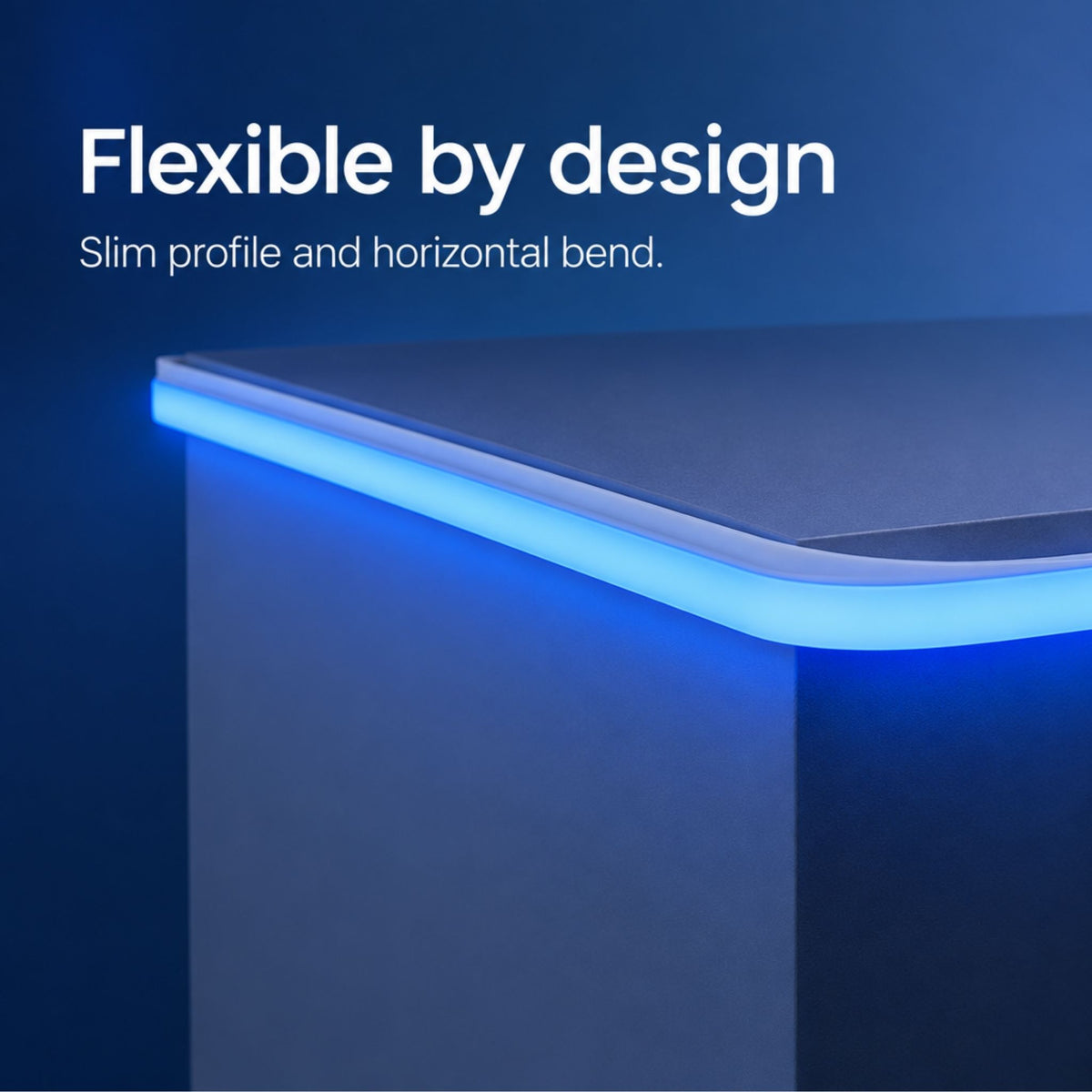 Blue neon tape light with slim profile and horizontal bend, edge-lit glow