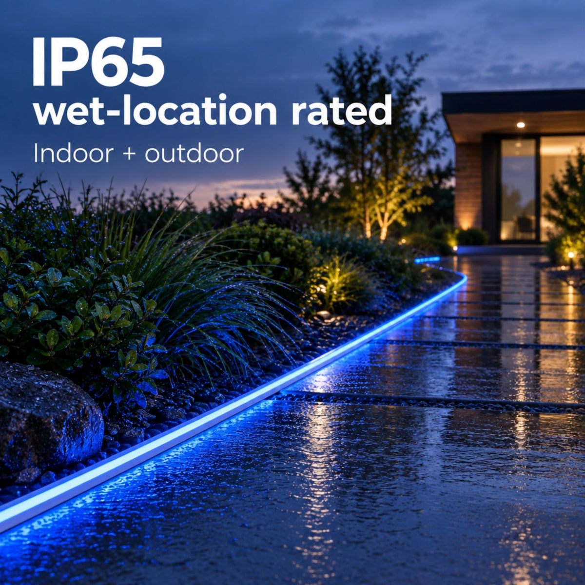 Blue neon tape light with continuous glowing border outdoors along walkway