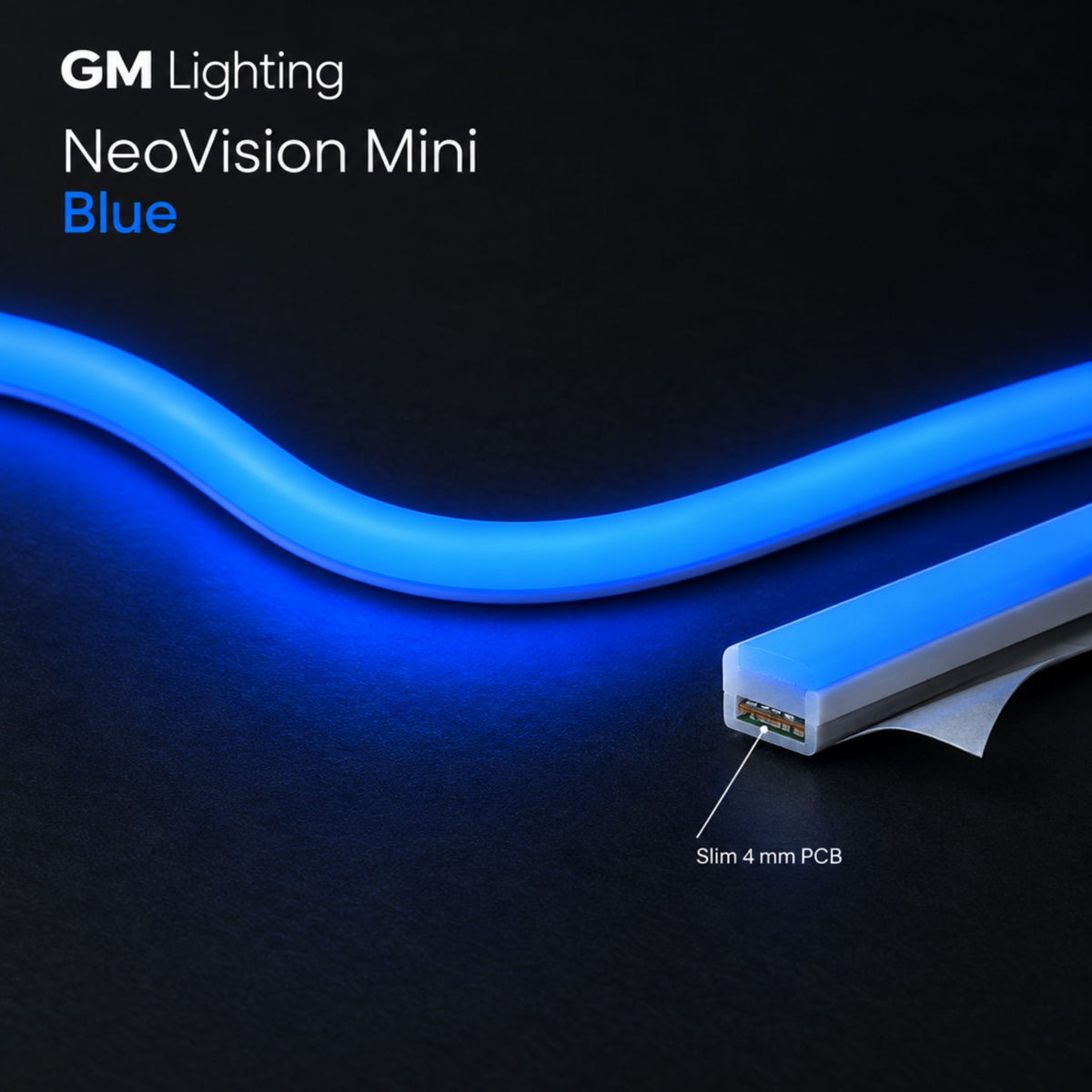 Blue neon tape light with corner bend and slim 4 mm profile connector