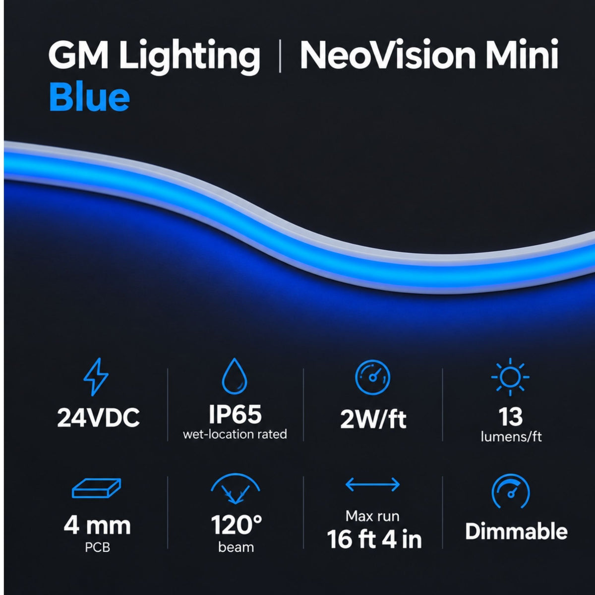 Blue neon tape light ribbon with curved glow and slim light strip profile
