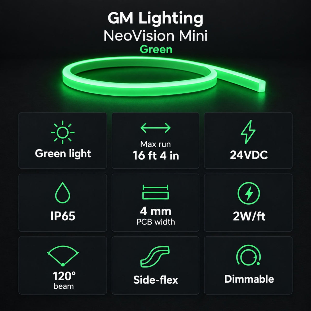 Green LED neon tape light in a circular loop, slim and flexible