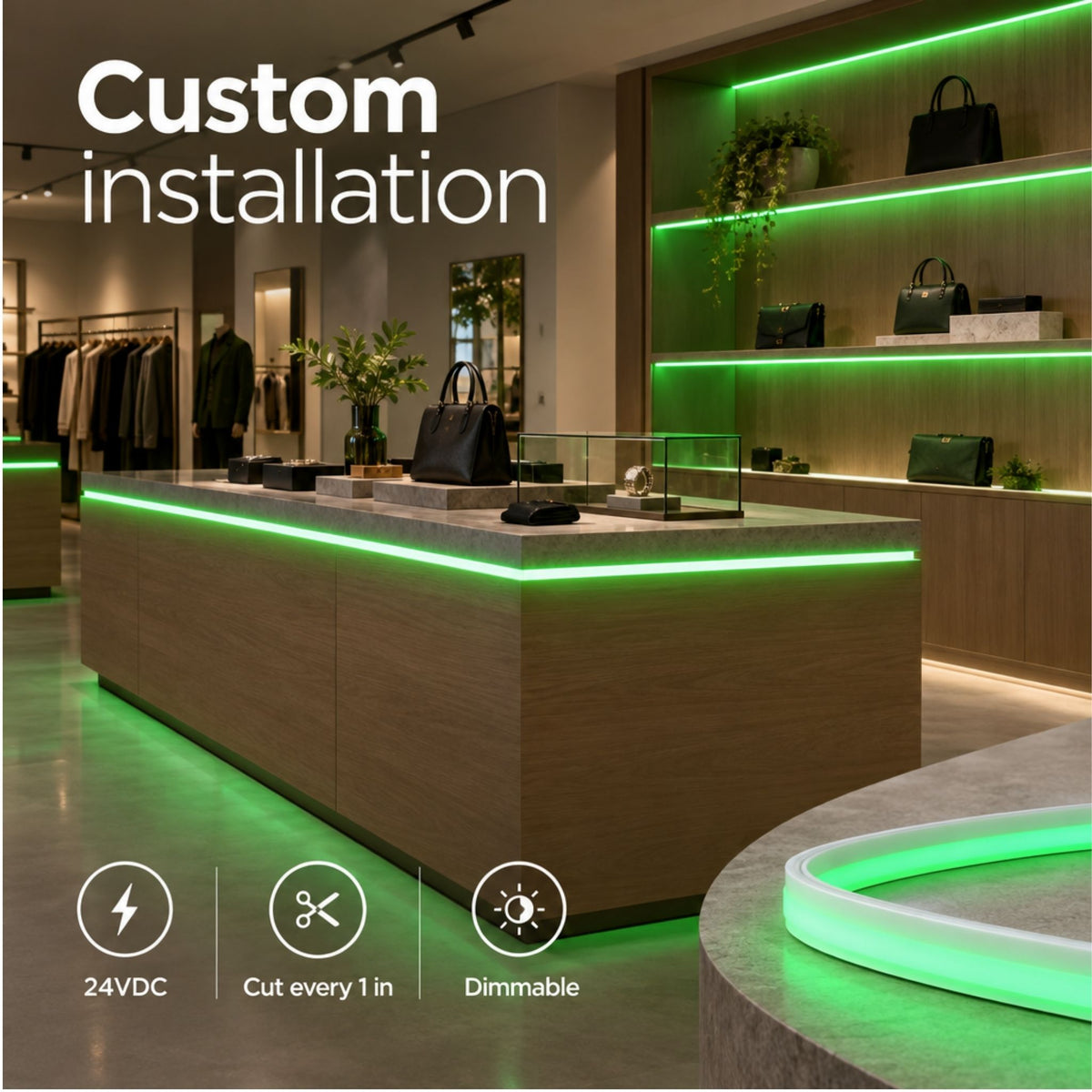 Green LED neon tape light installed along a storefront ledge edge