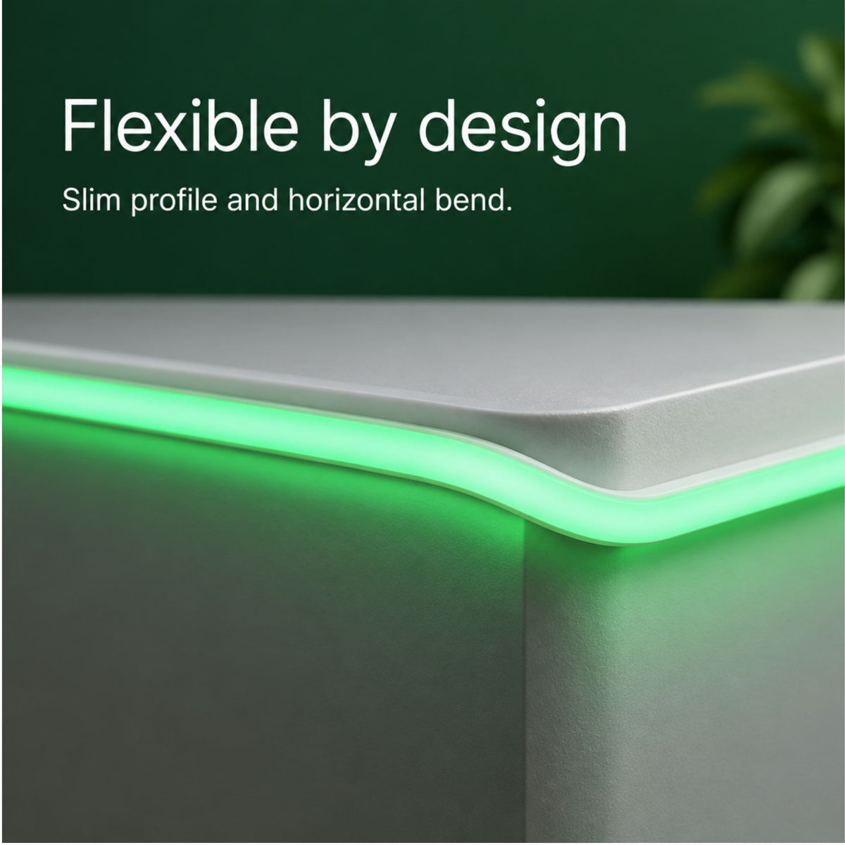 Green LED neon tape light with rounded corner bend in a slim profile