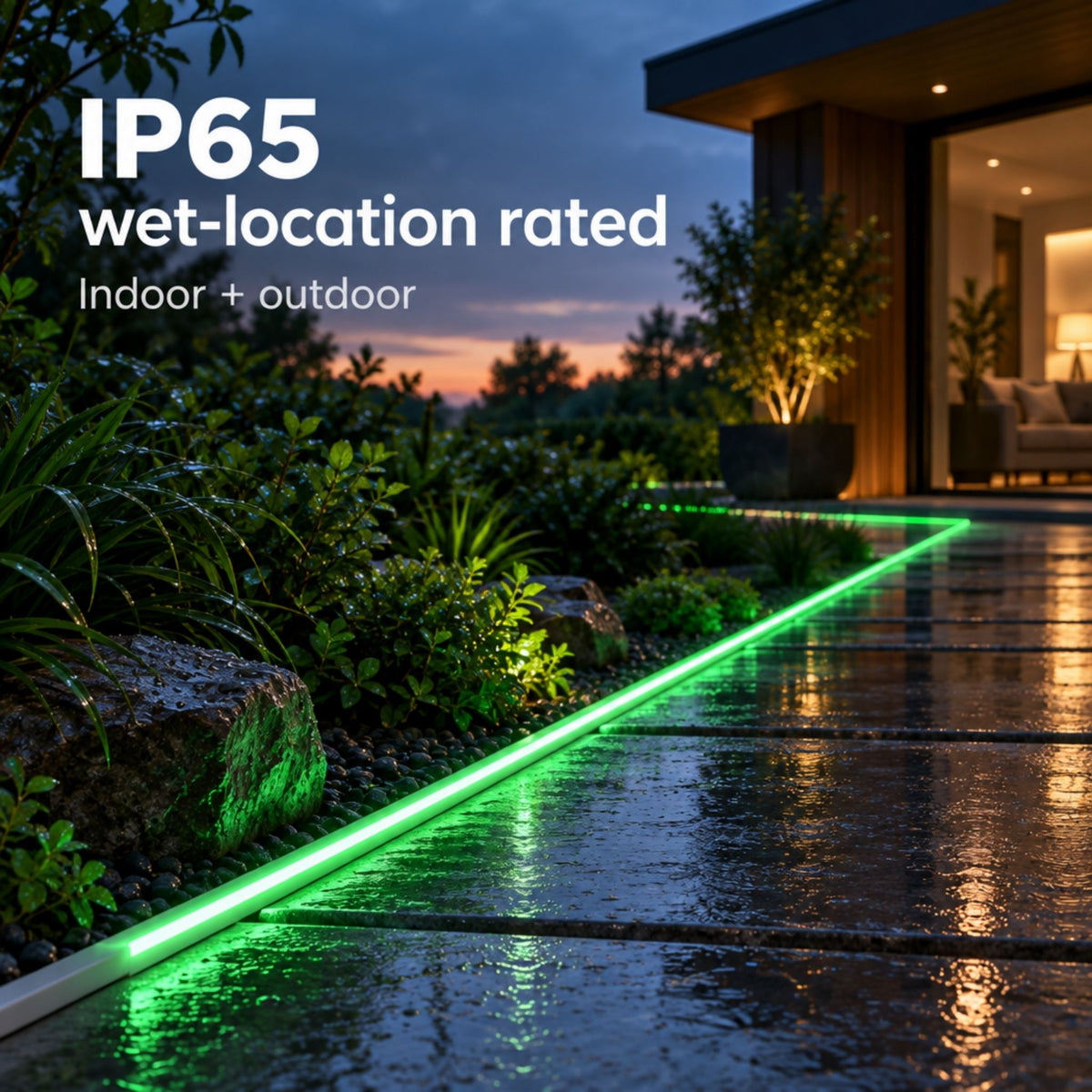 Green LED neon tape light along an outdoor walkway edge in the rain