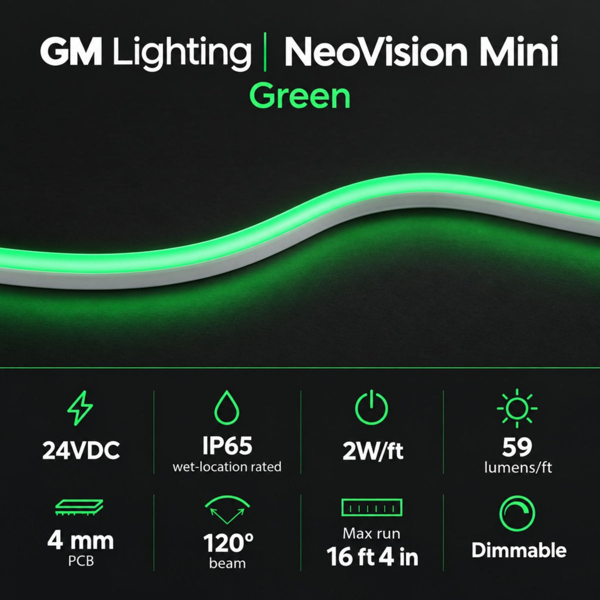 Green LED neon tape light showing flexible wavy line with slim profile