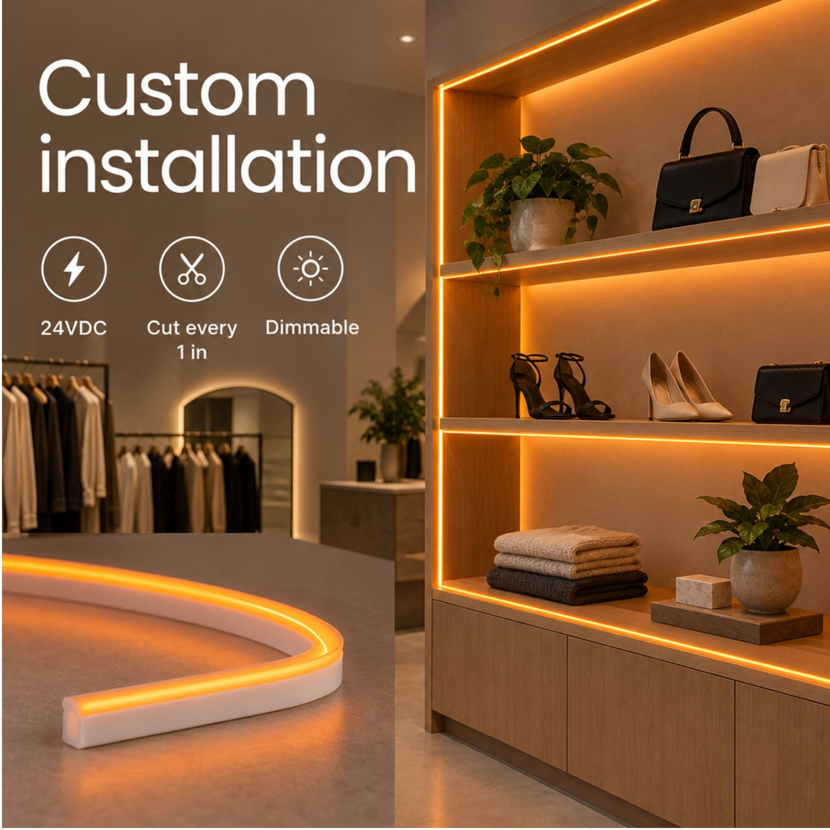 Orange neon tape light strip outlining built-in shelves for ambient indoor lighting