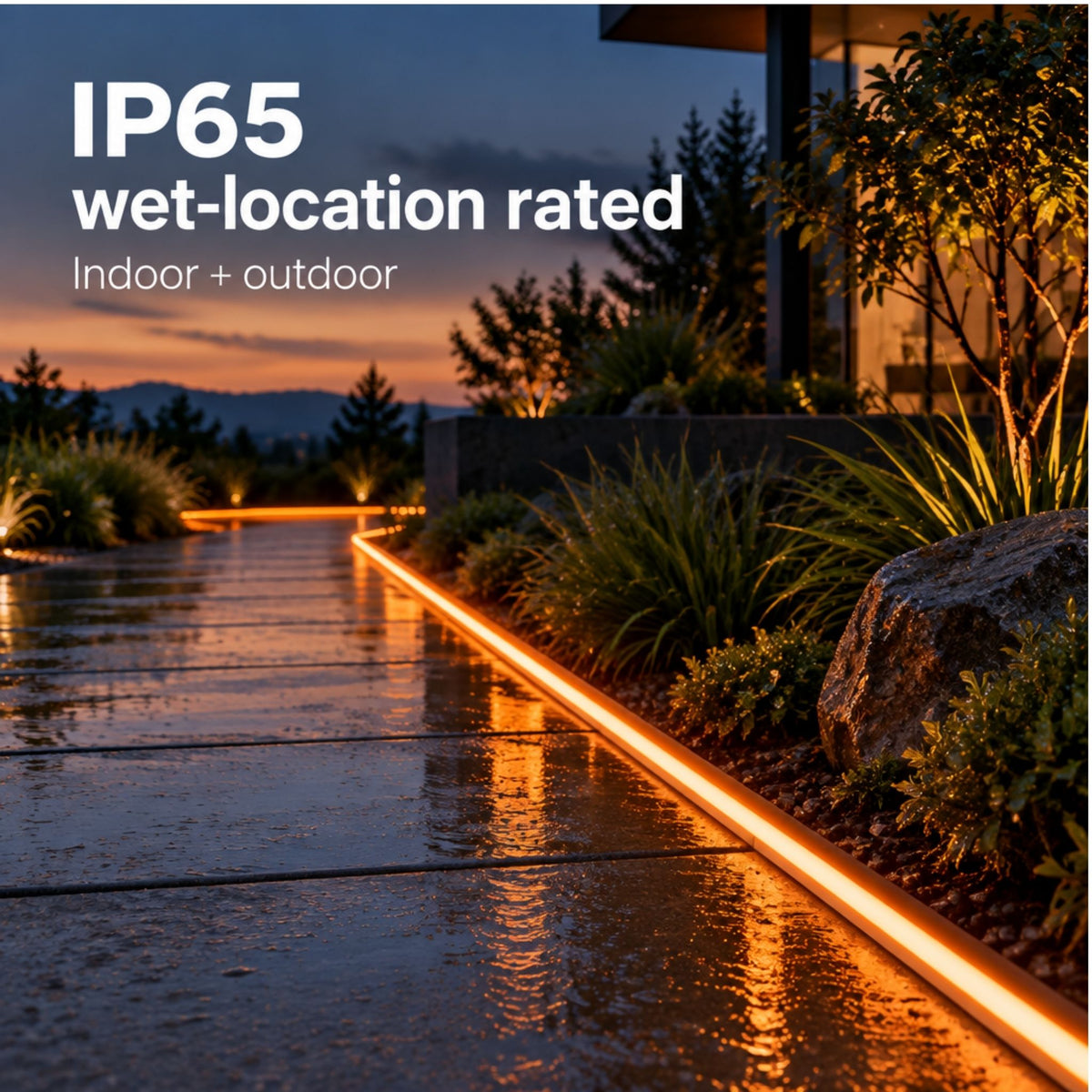 Orange wet-location neon tape light with slim edge profile along an outdoor walkway