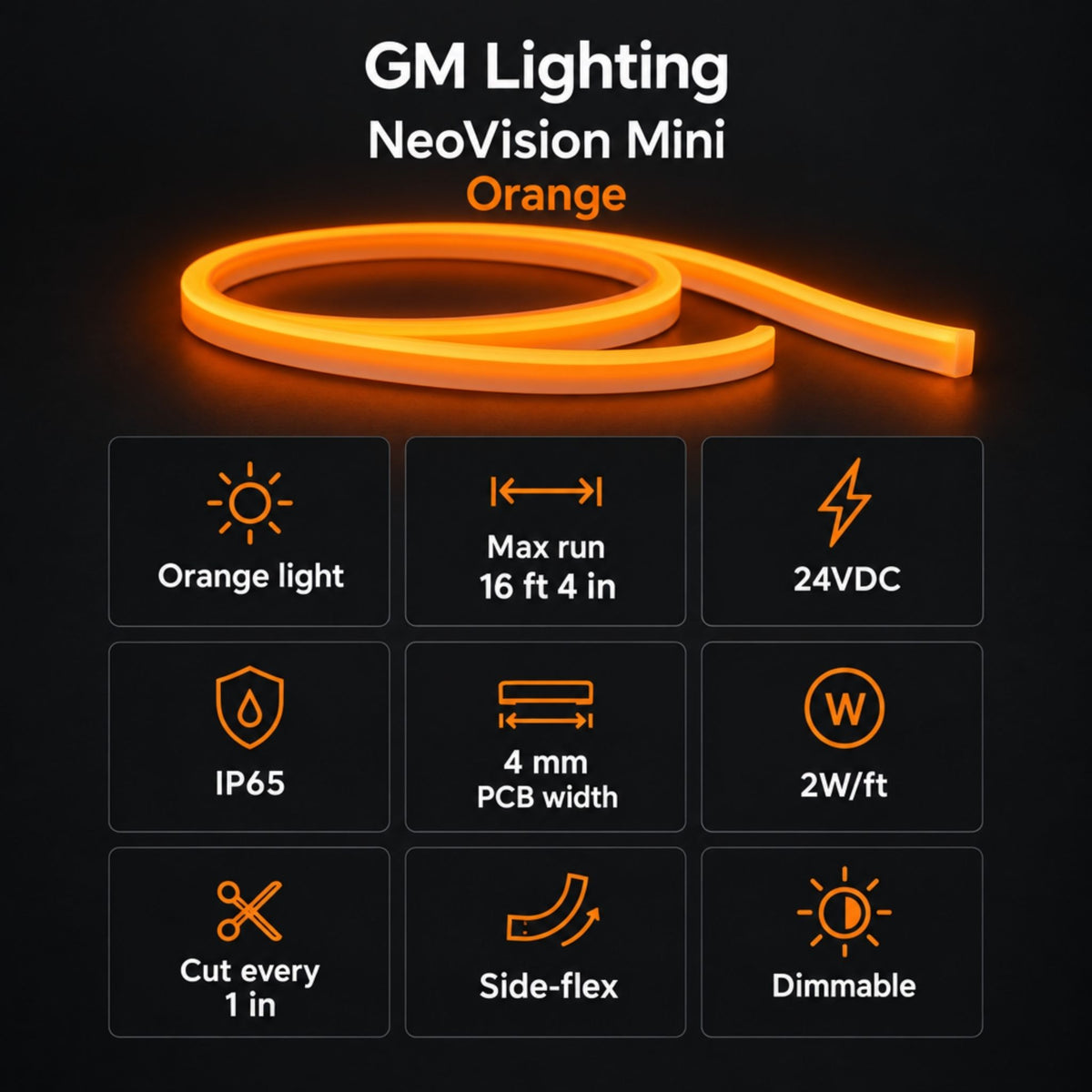 Orange neon tape light roll with slim diffuser strip, shown as flexible loop and bar