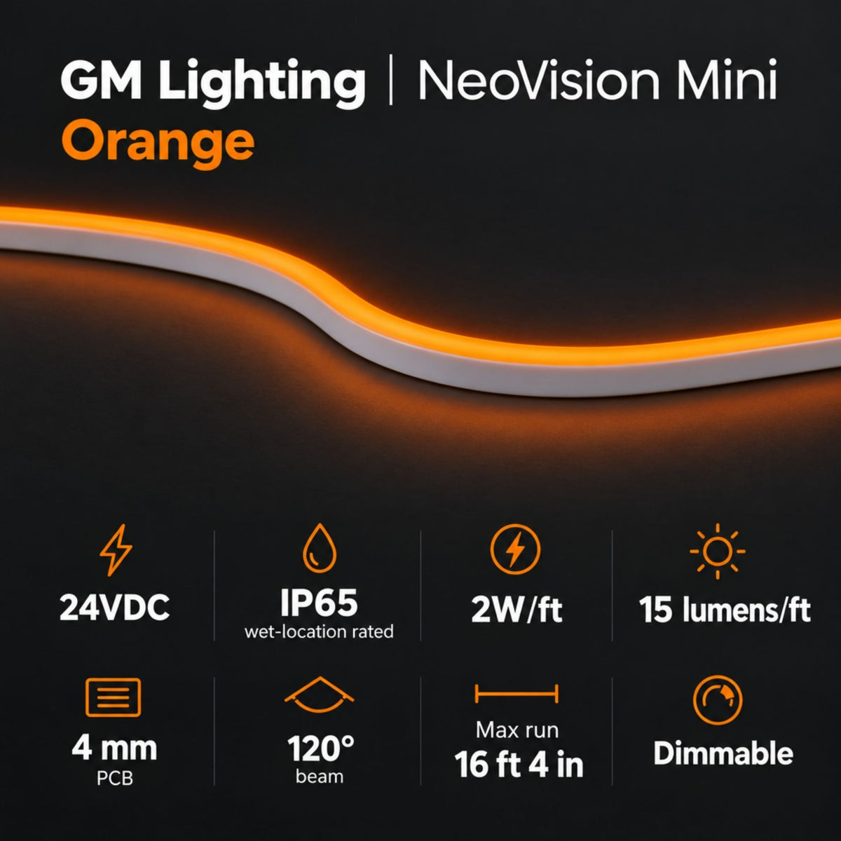 Orange neon tape light in curved form with white diffuser backing and glowing strip