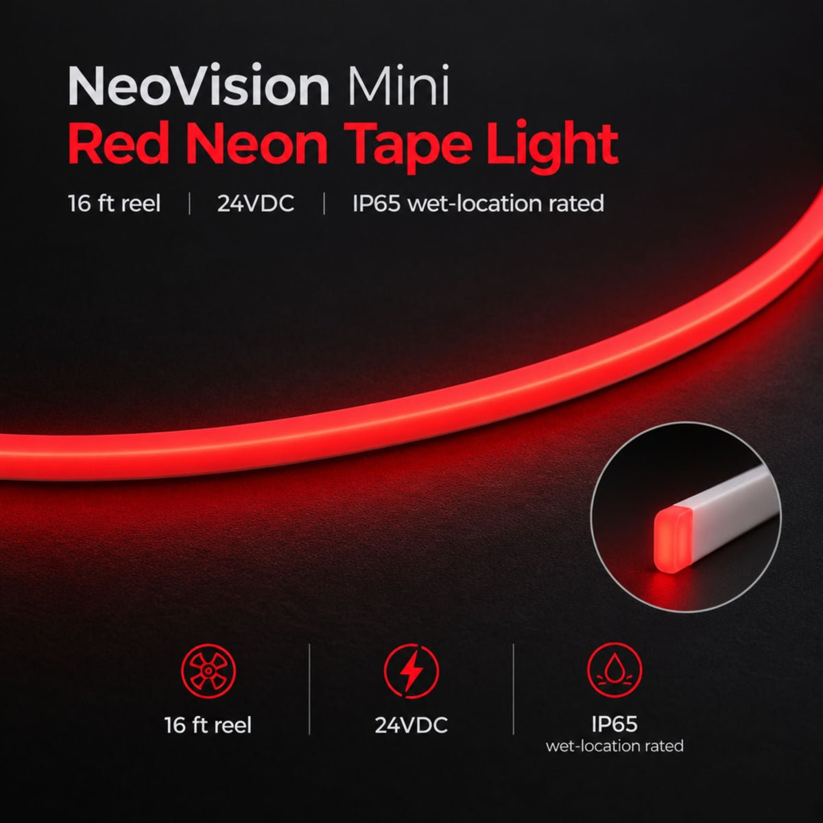 NeoVision Mini, 16 ft, Neon Tape Light, IP65, Red, 7 Lumens/ft, 24V
