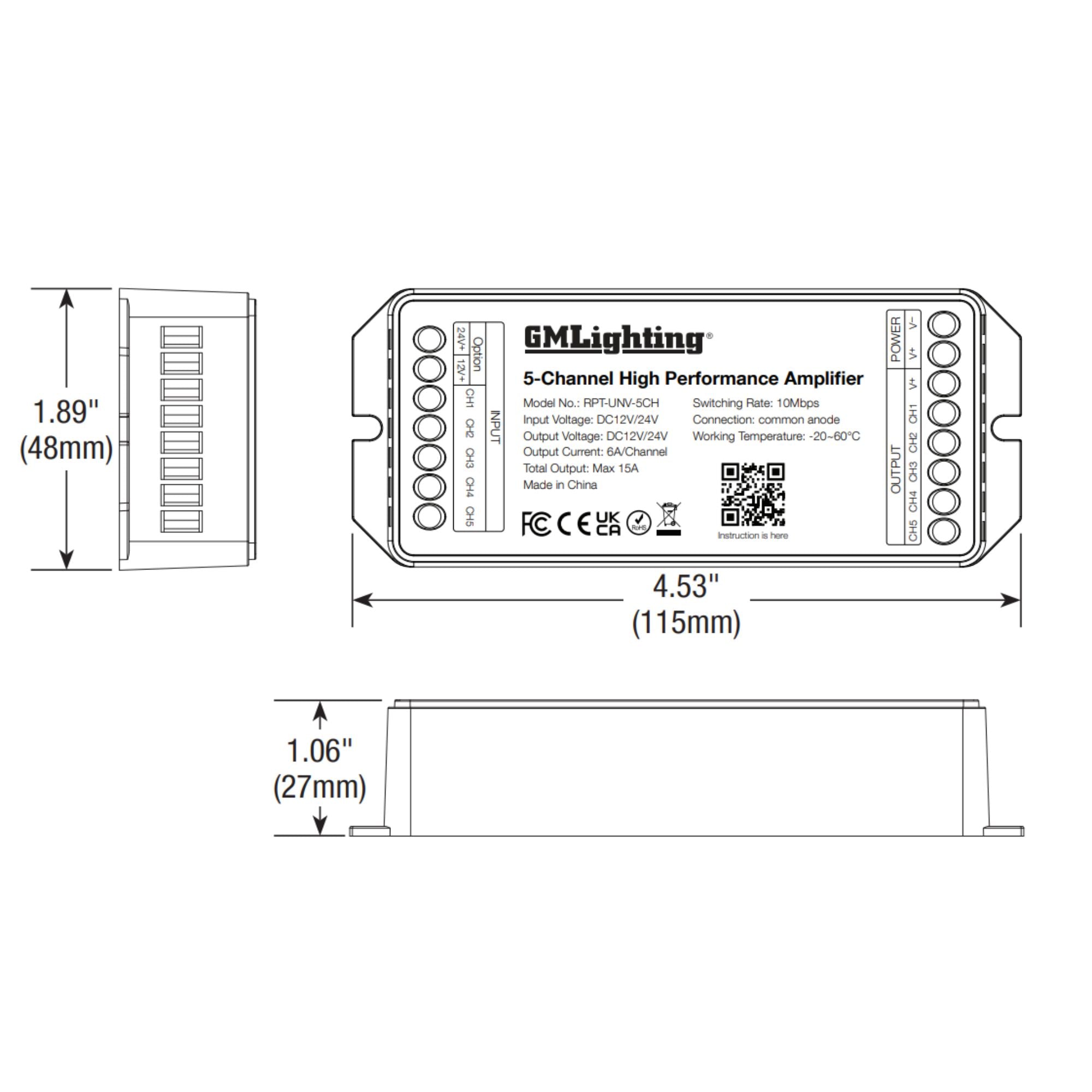 GM Lighting RPT-UNV-5CH 5-Channel High Performance Amplifier/Repeater for Low Voltage LED Control Systems