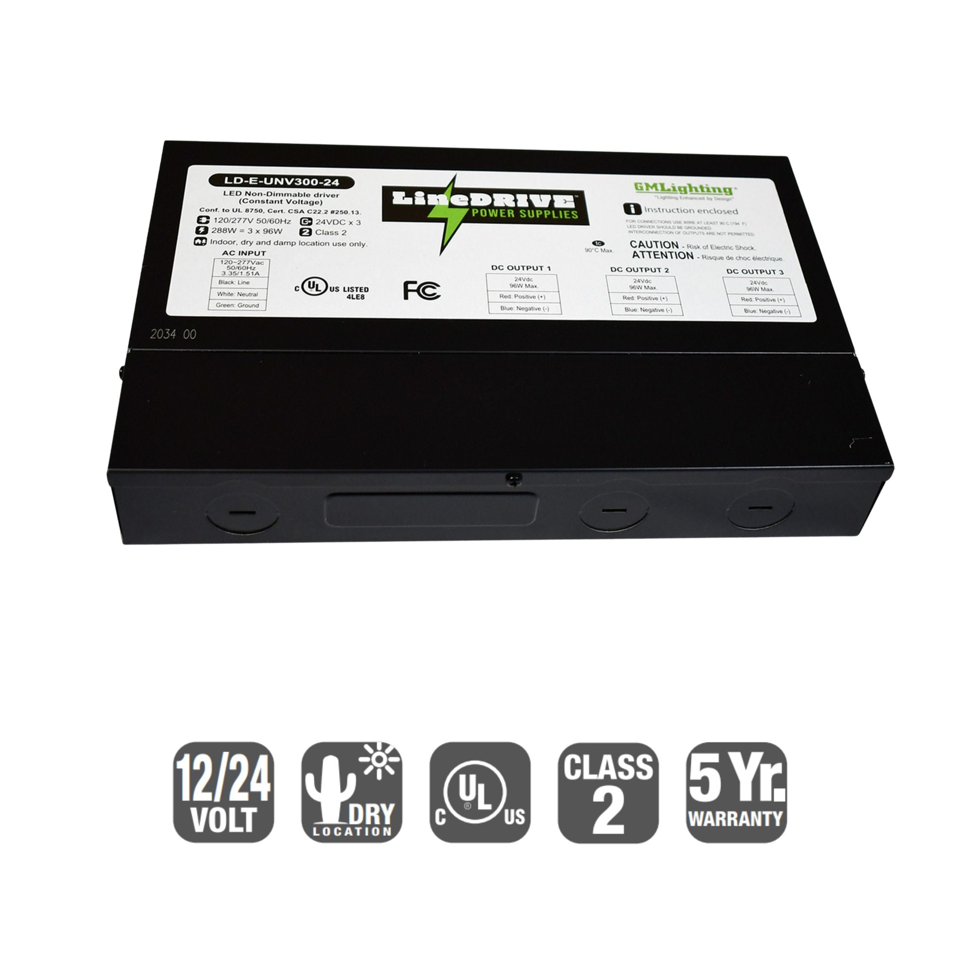 LineDRIVE 3-Channel 24VDC Non-Dimmable LED Driver, 300W, 120-277V