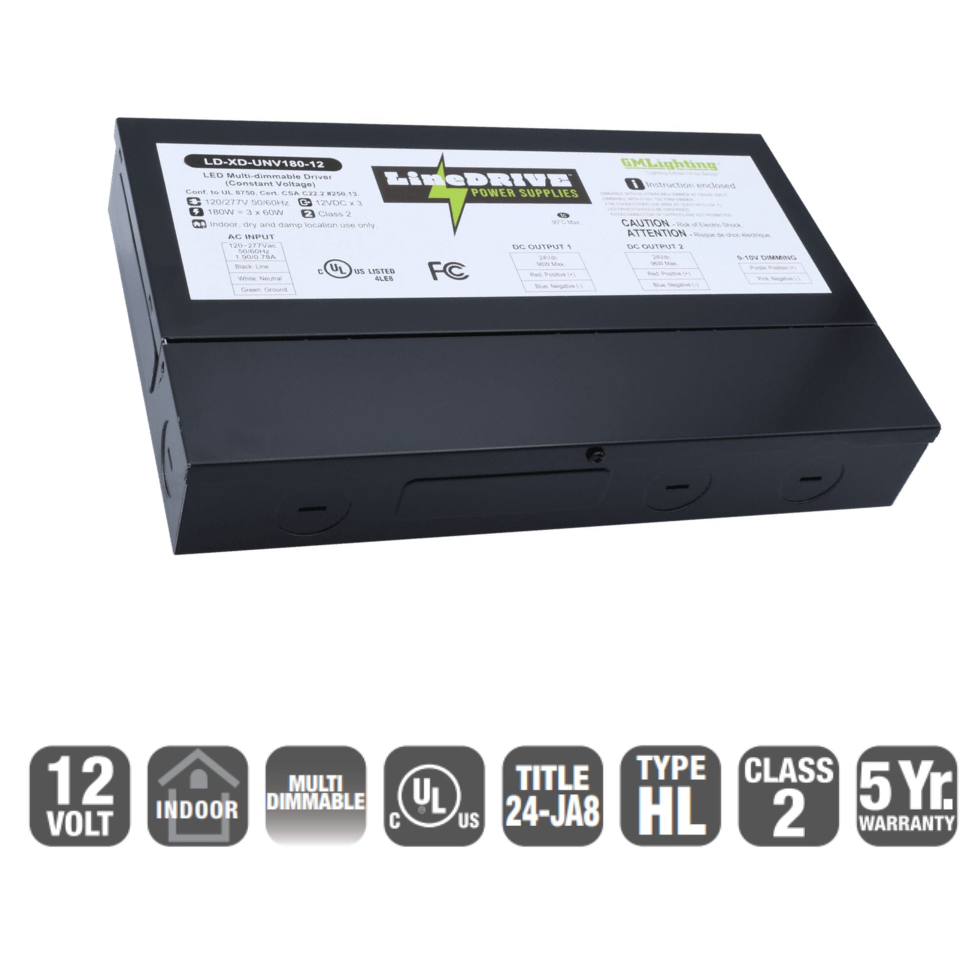 LineDRIVE XD 3-Channel 180W, 12VDC Multi-Dim LED Driver, 120-277V